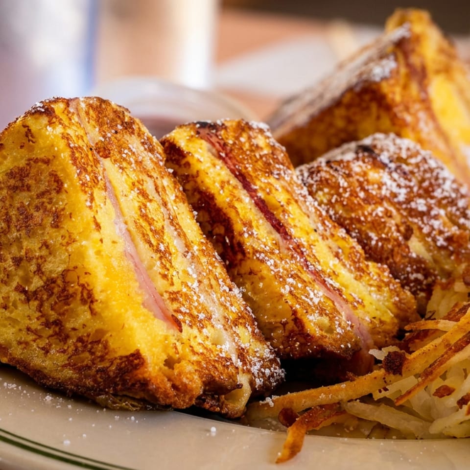 Golden French toast triangles dusted with powdered sugar, served alongside crispy hash browns on a white plate.